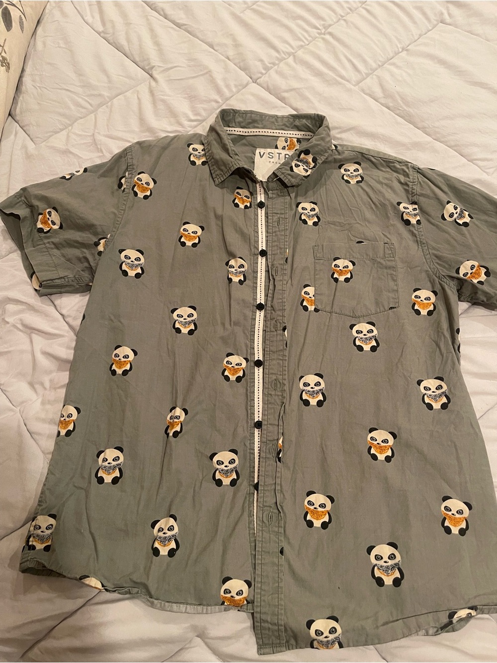 Short-Sleeve Green Panda Print Mens Shirt